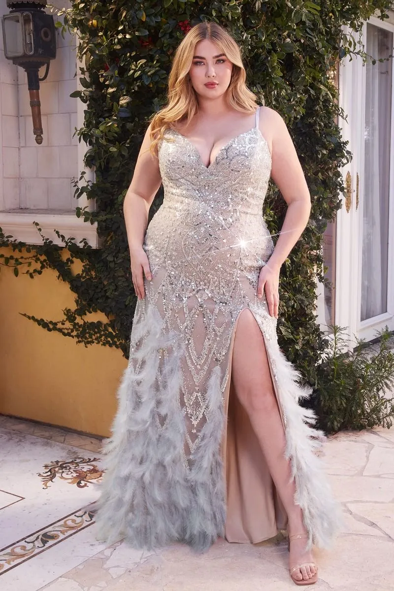 Andrea & Leo Couture A1229 Beaded Feather Mermaid Prom Dress Slit Sequin Formal Gown