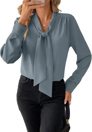 Astylish Women's Bow Tie Neck Long Sleeve Dressy Elegant Office Work Blouse Shirt Tops