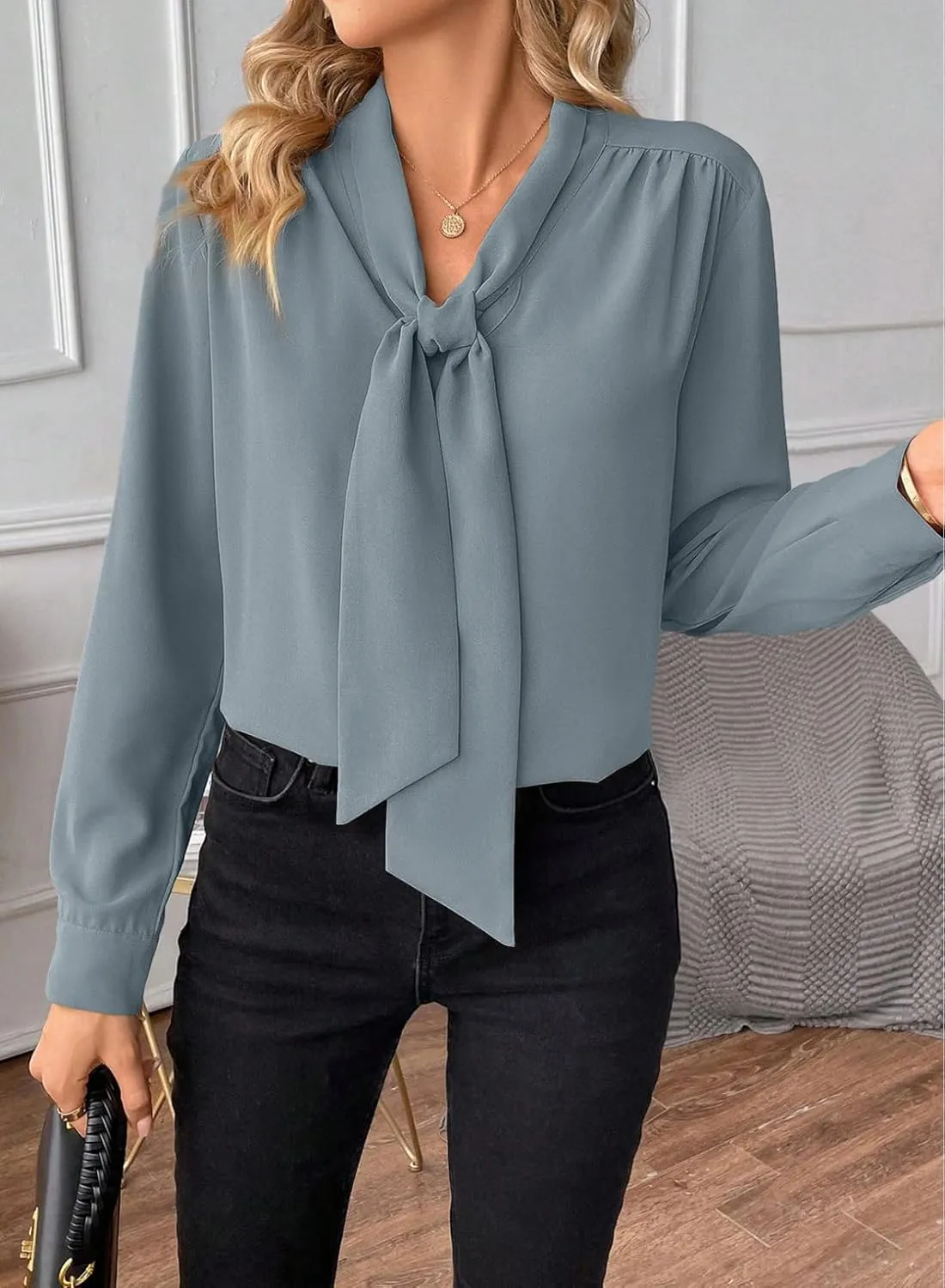 Astylish Women's Bow Tie Neck Long Sleeve Dressy Elegant Office Work Blouse Shirt Tops