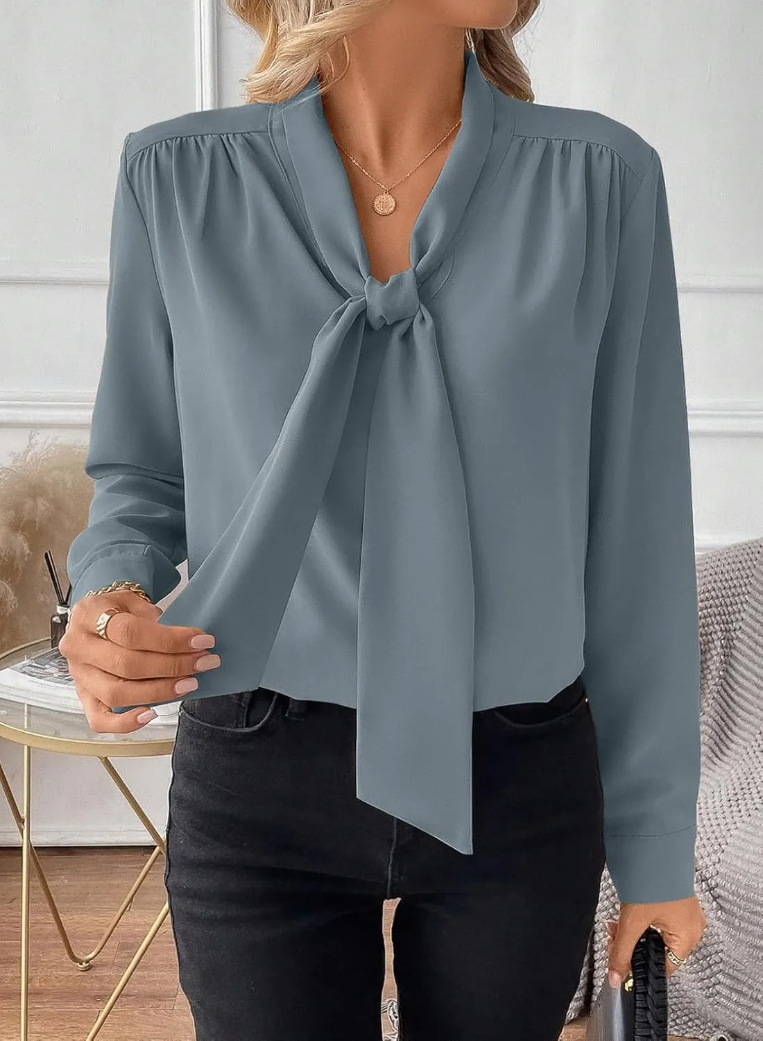 Astylish Women's Bow Tie Neck Long Sleeve Dressy Elegant Office Work Blouse Shirt Tops