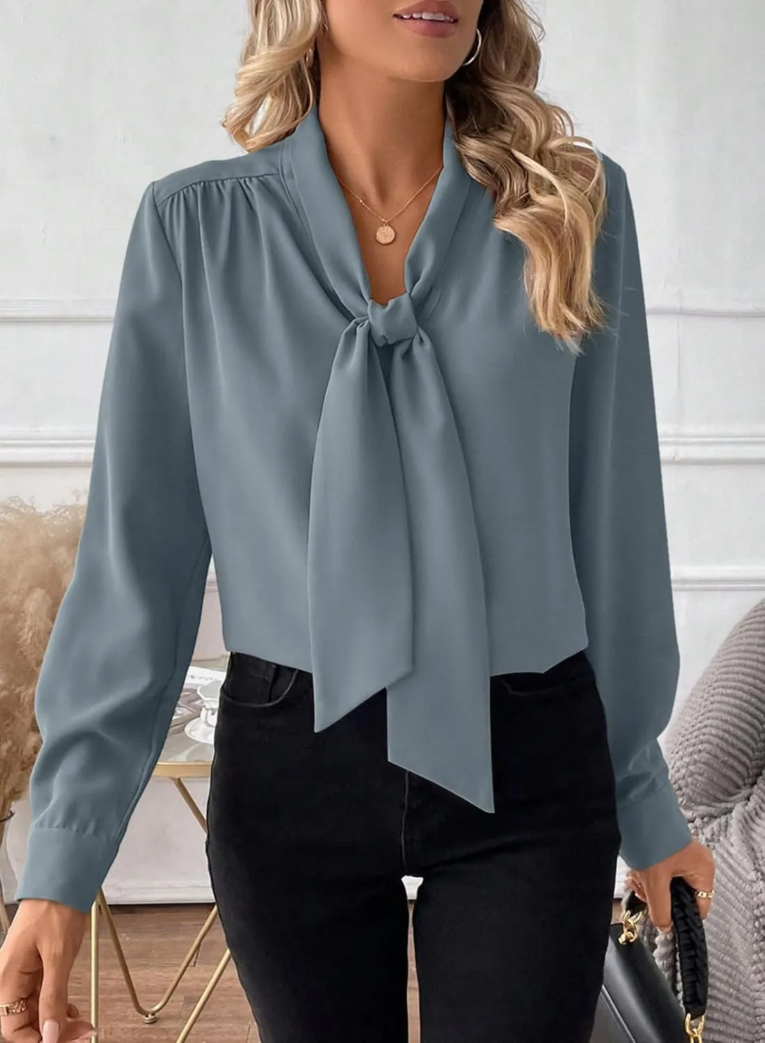 Astylish Women's Bow Tie Neck Long Sleeve Dressy Elegant Office Work Blouse Shirt Tops