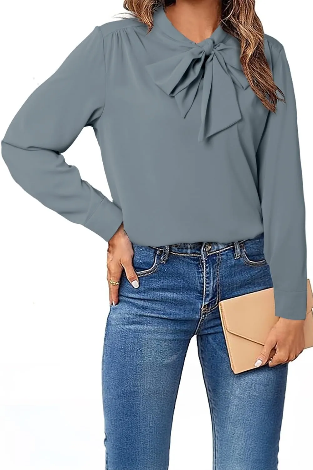 Astylish Women's Bow Tie Neck Long Sleeve Dressy Elegant Office Work Blouse Shirt Tops
