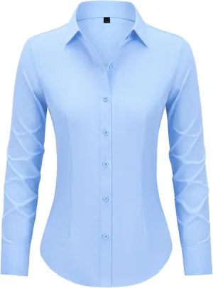 Button Down Shirts for Women Long Sleeve Dress Shirts Slim Fit Wrinkle Free Collared Blouse Work Office Blouse Tops