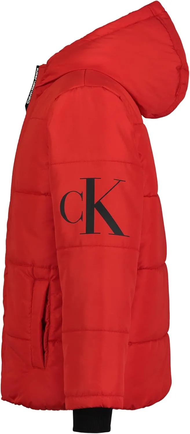 Calvin Klein Boys' Heavy Weight Hooded Bubble Jacket with Polar Fleece Lining
