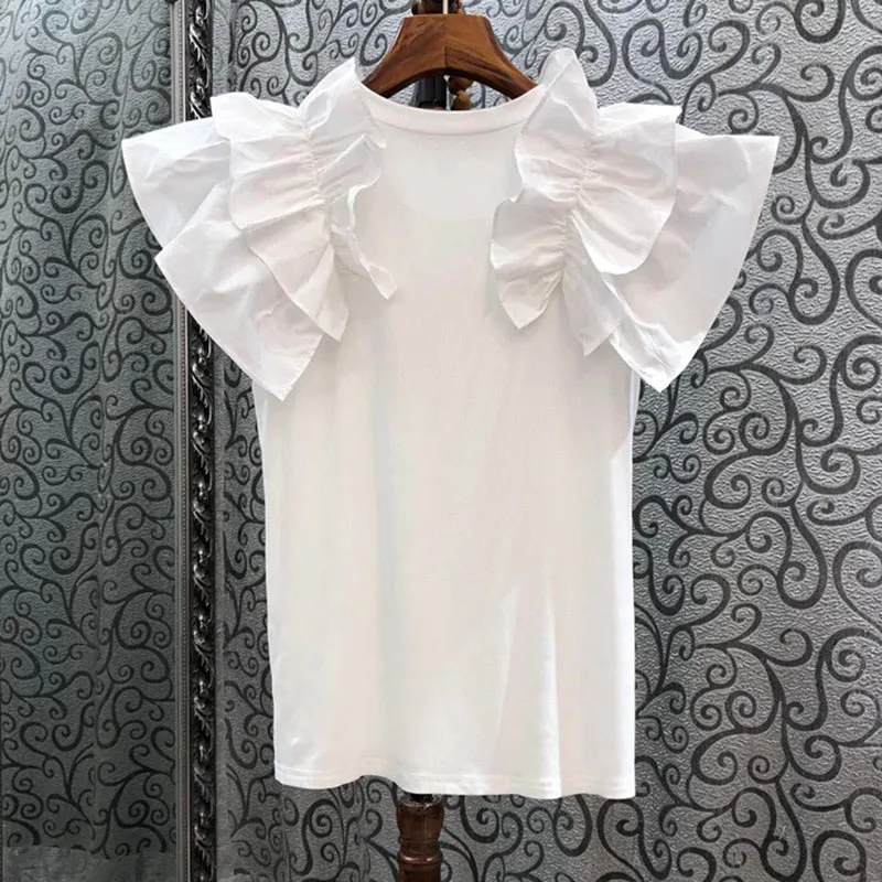 Casual Patchwork Ruffle T Shirt For Women O Neck Short Sleeve Slim Solid T Shirts Female Fashion Summer