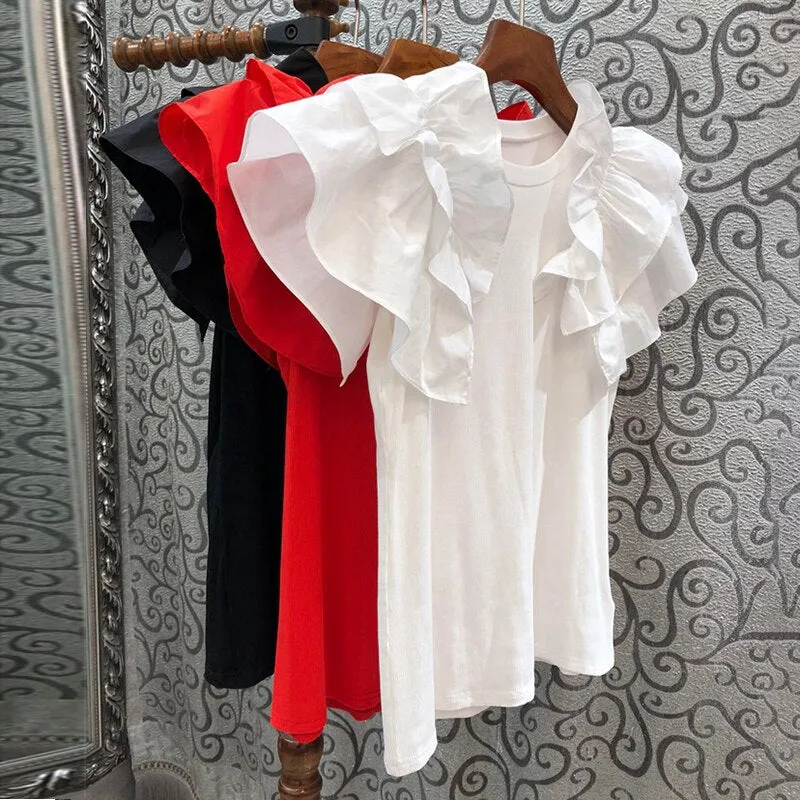 Casual Patchwork Ruffle T Shirt For Women O Neck Short Sleeve Slim Solid T Shirts Female Fashion Summer