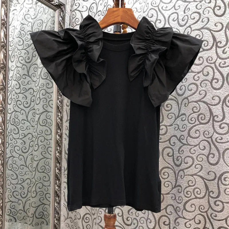 Casual Patchwork Ruffle T Shirt For Women O Neck Short Sleeve Slim Solid T Shirts Female Fashion Summer