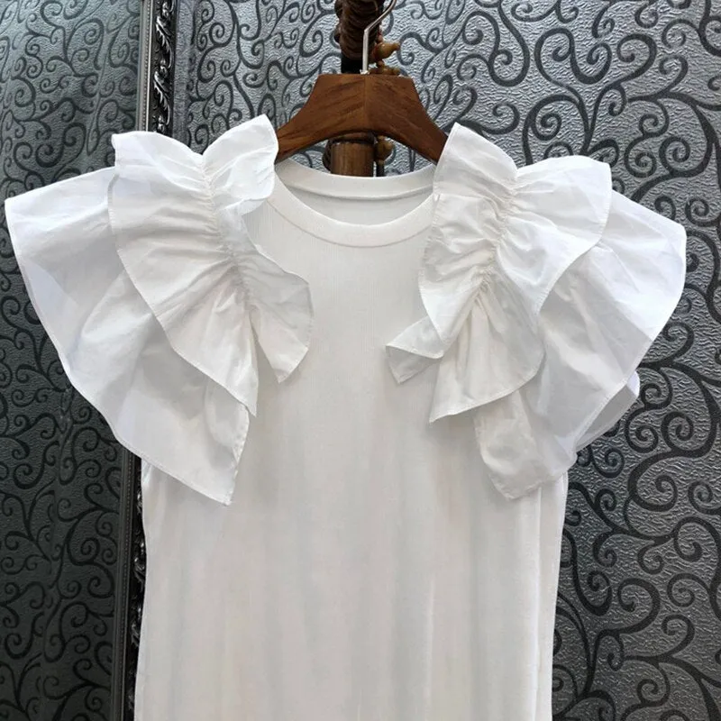 Casual Patchwork Ruffle T Shirt For Women O Neck Short Sleeve Slim Solid T Shirts Female Fashion Summer