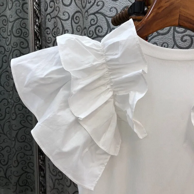 Casual Patchwork Ruffle T Shirt For Women O Neck Short Sleeve Slim Solid T Shirts Female Fashion Summer