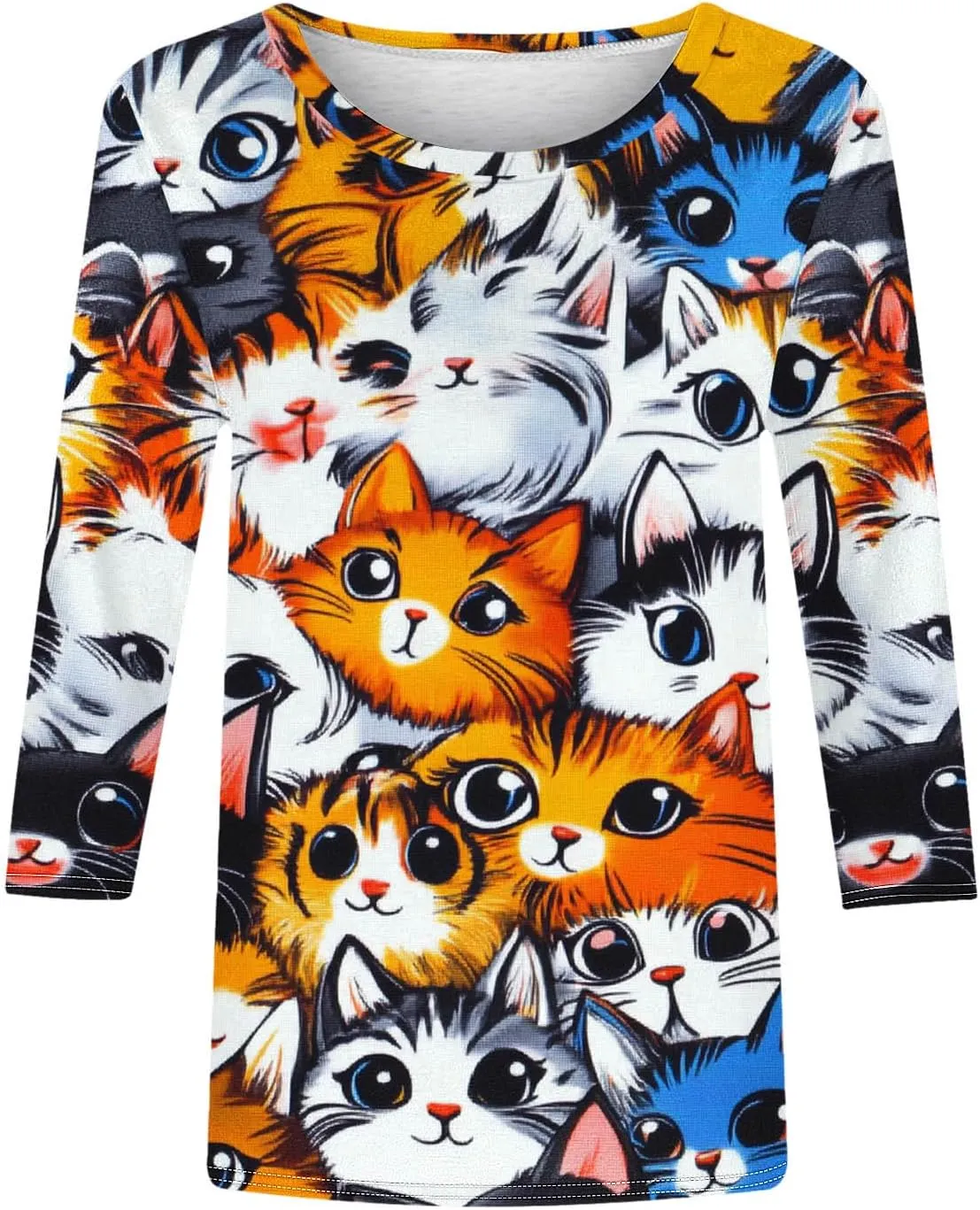 Cat Shirts Women's 3/4 Sleeve Tops Cute Funny Graphic Crewneck Tees Summer Loose Fit Casual Blouses Cat Lover Gifts