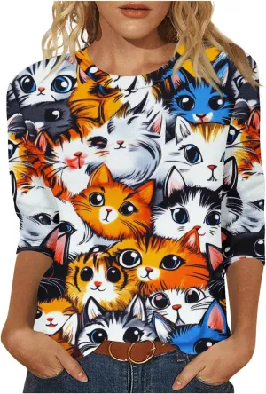 Cat Shirts Women's 3/4 Sleeve Tops Cute Funny Graphic Crewneck Tees Summer Loose Fit Casual Blouses Cat Lover Gifts