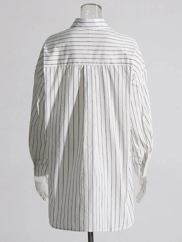 Colorblock Striped Casual Loose Blouses For Women Lapel Long Sleeve Patchwork Single Breasted Blouse Female