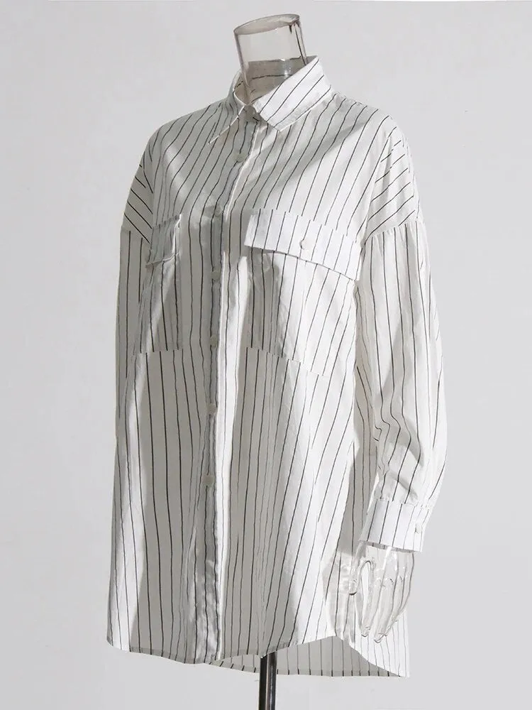 Colorblock Striped Casual Loose Blouses For Women Lapel Long Sleeve Patchwork Single Breasted Blouse Female