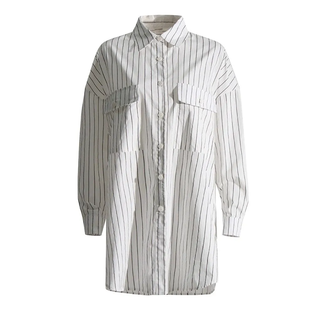 Colorblock Striped Casual Loose Blouses For Women Lapel Long Sleeve Patchwork Single Breasted Blouse Female