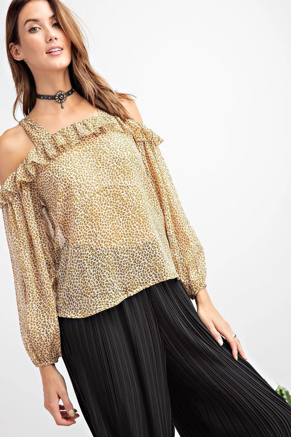 Daria Cold Shoulder Leopard Chiffon Blouse