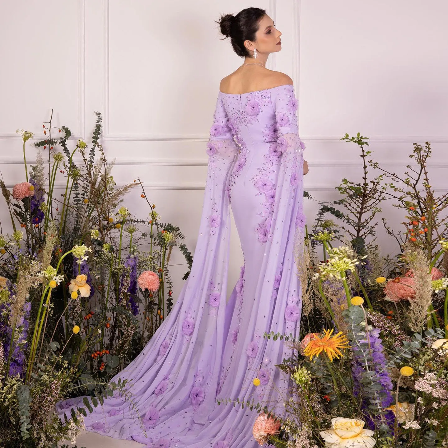 Elegant 3D Flower Lilac Off Shoulder Evening Dress SS450