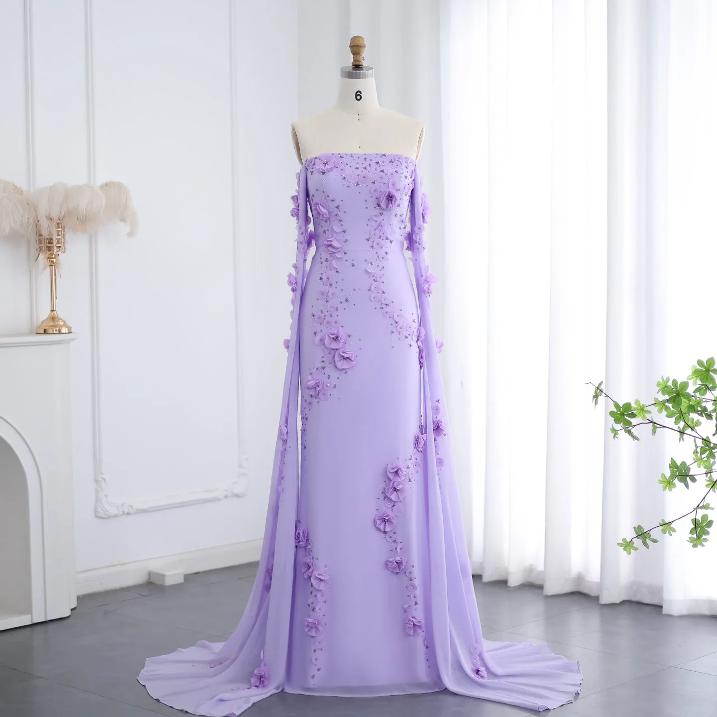 Elegant 3D Flower Lilac Off Shoulder Evening Dress SS450