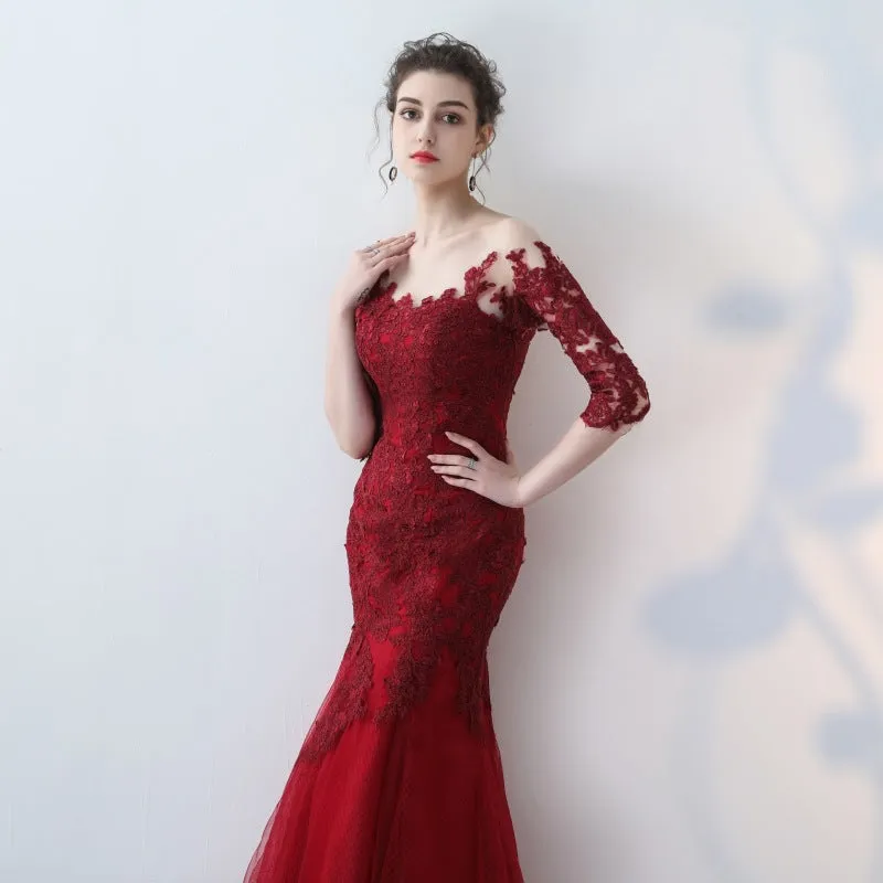 Elegant Off Shoulder Half Sleeve Lace Long Mermaid Evening Dresses Bridal Wedding Dress