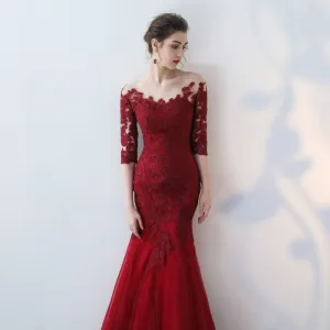 Elegant Off Shoulder Half Sleeve Lace Long Mermaid Evening Dresses Bridal Wedding Dress