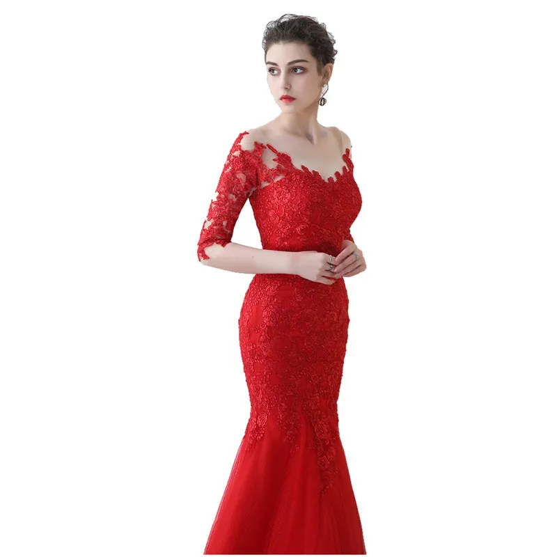 Elegant Off Shoulder Half Sleeve Lace Long Mermaid Evening Dresses Bridal Wedding Dress