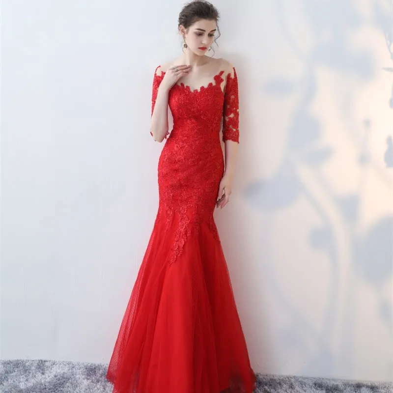 Elegant Off Shoulder Half Sleeve Lace Long Mermaid Evening Dresses Bridal Wedding Dress