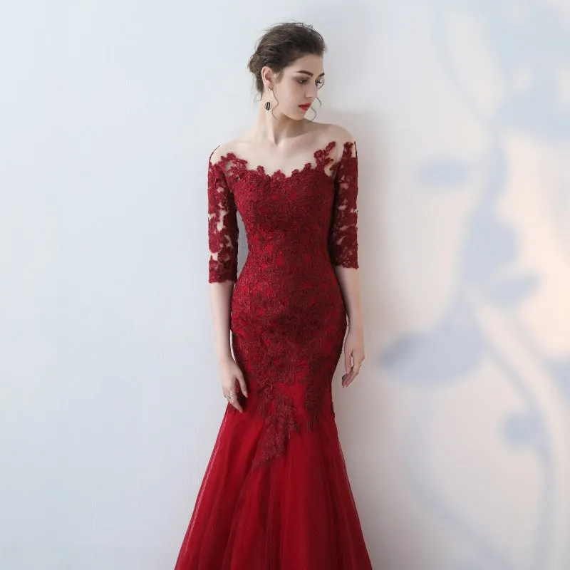 Elegant Off Shoulder Half Sleeve Lace Long Mermaid Evening Dresses Bridal Wedding Dress