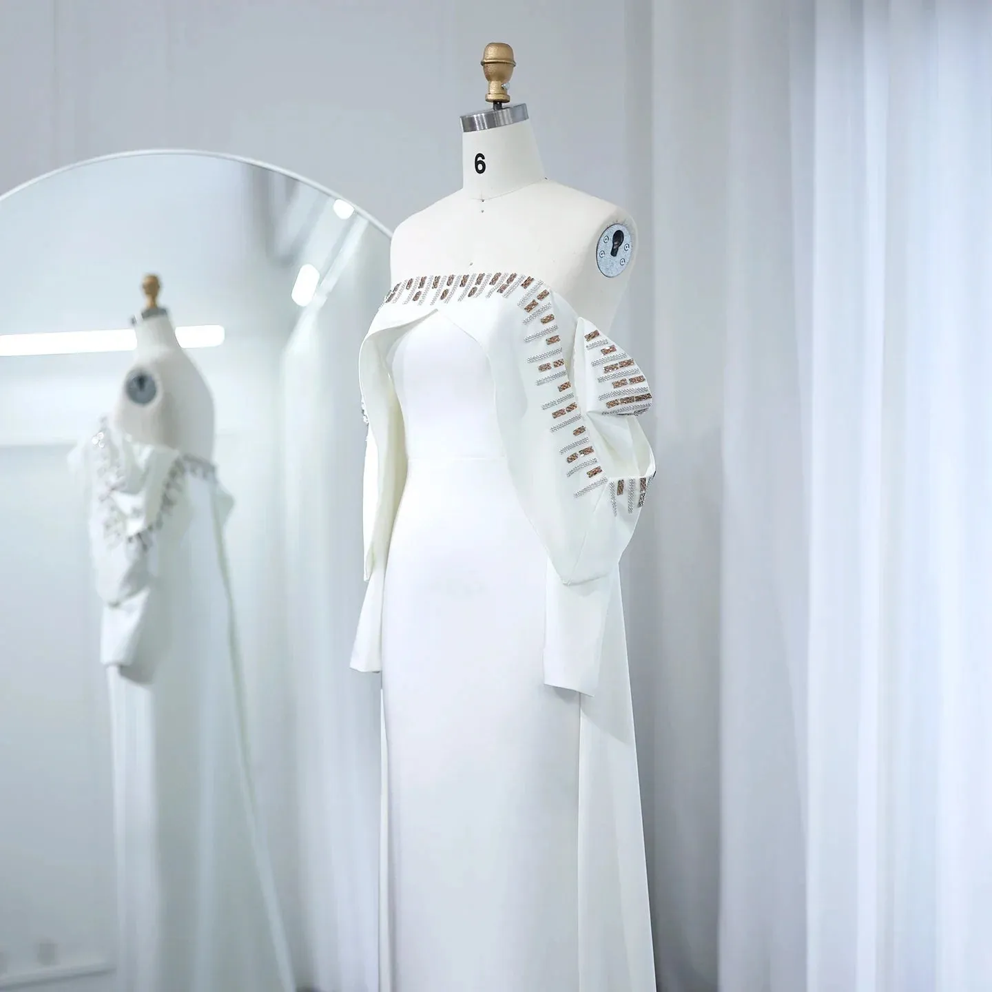 Elegant White Off Shoulder Long Sleeves Evening Dress with Cape SF008