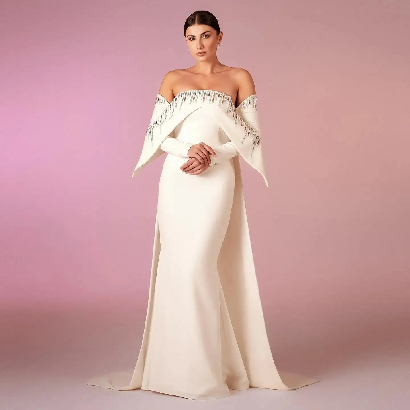Elegant White Off Shoulder Long Sleeves Evening Dress with Cape SF008