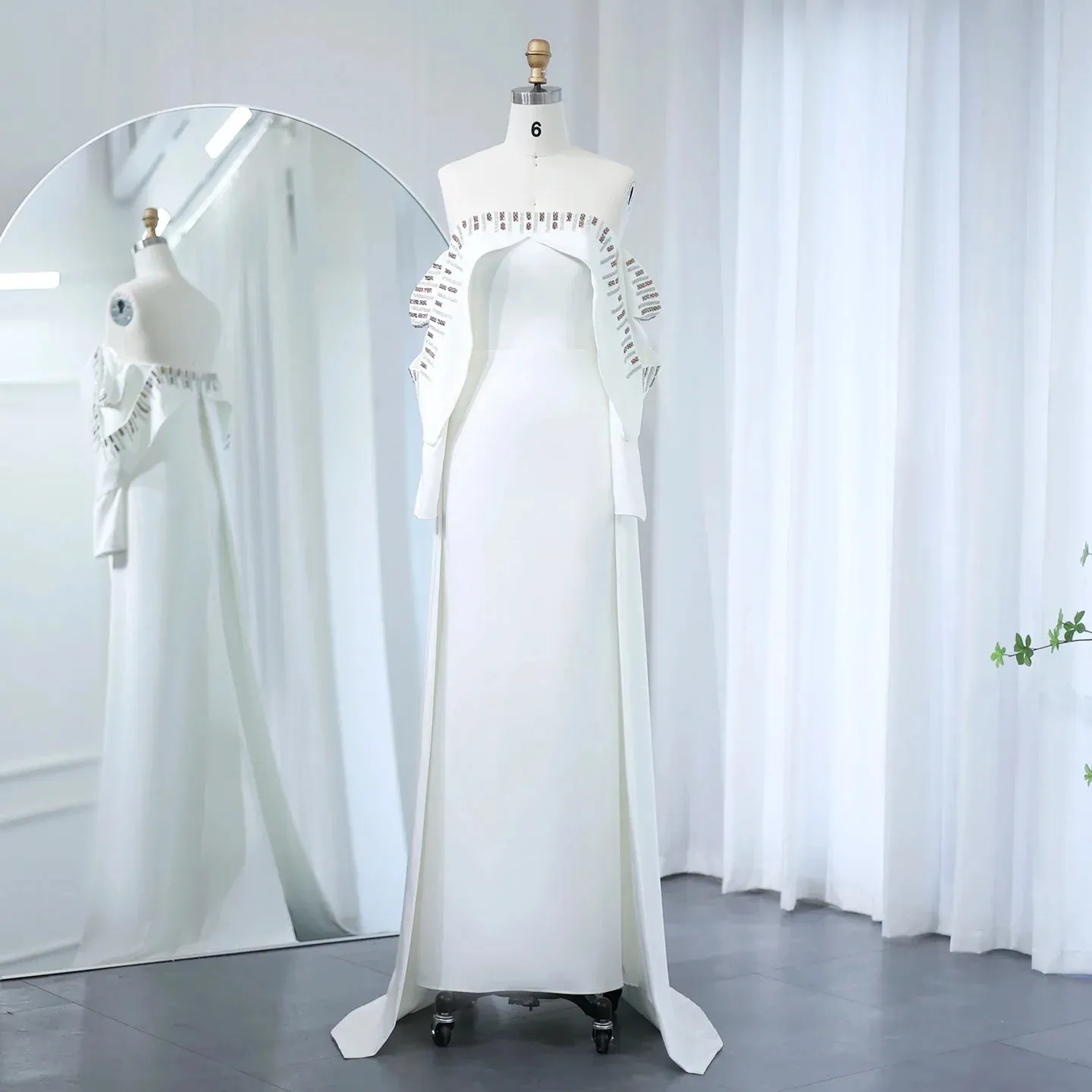 Elegant White Off Shoulder Long Sleeves Evening Dress with Cape SF008
