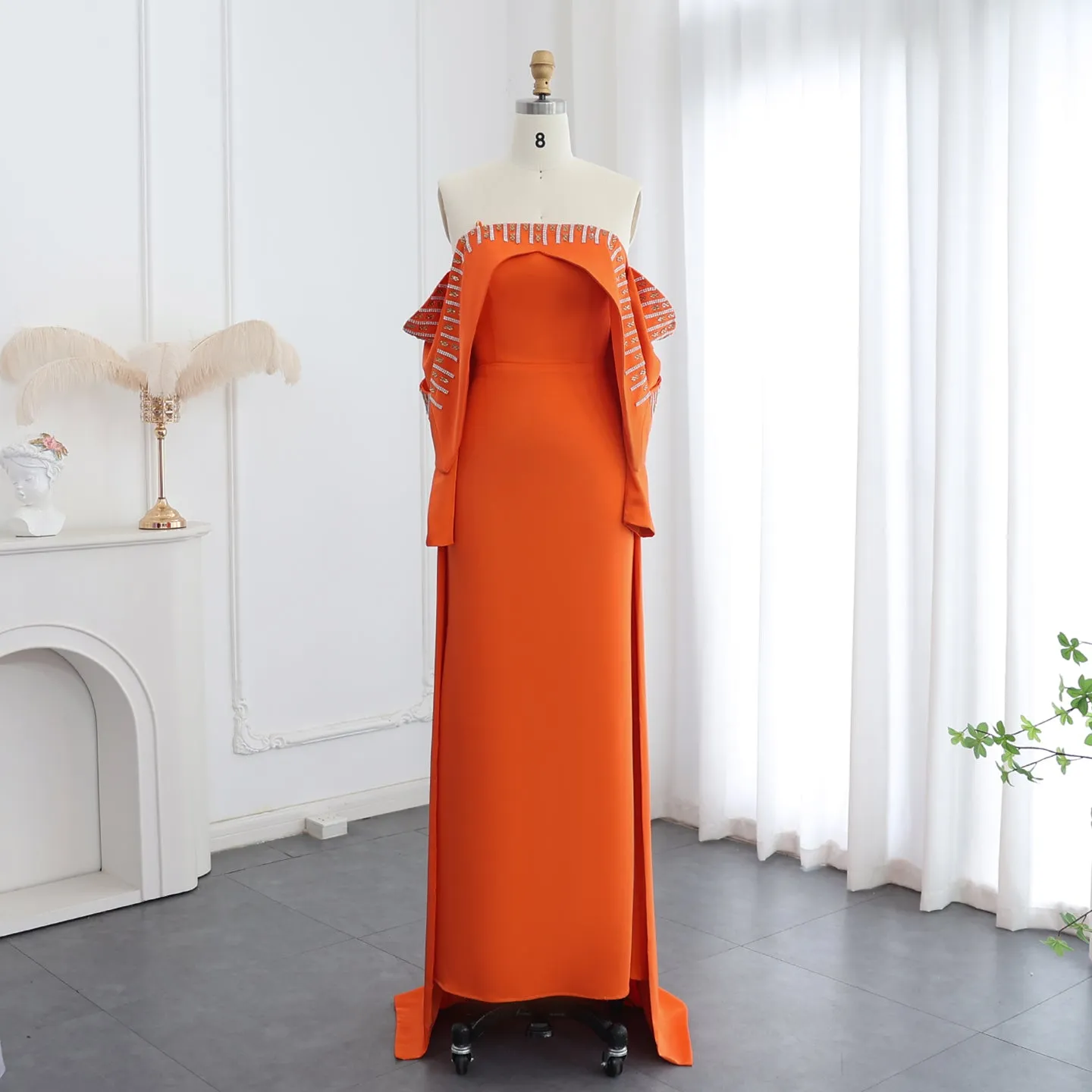 Elegant White Off Shoulder Long Sleeves Evening Dress with Cape SF008