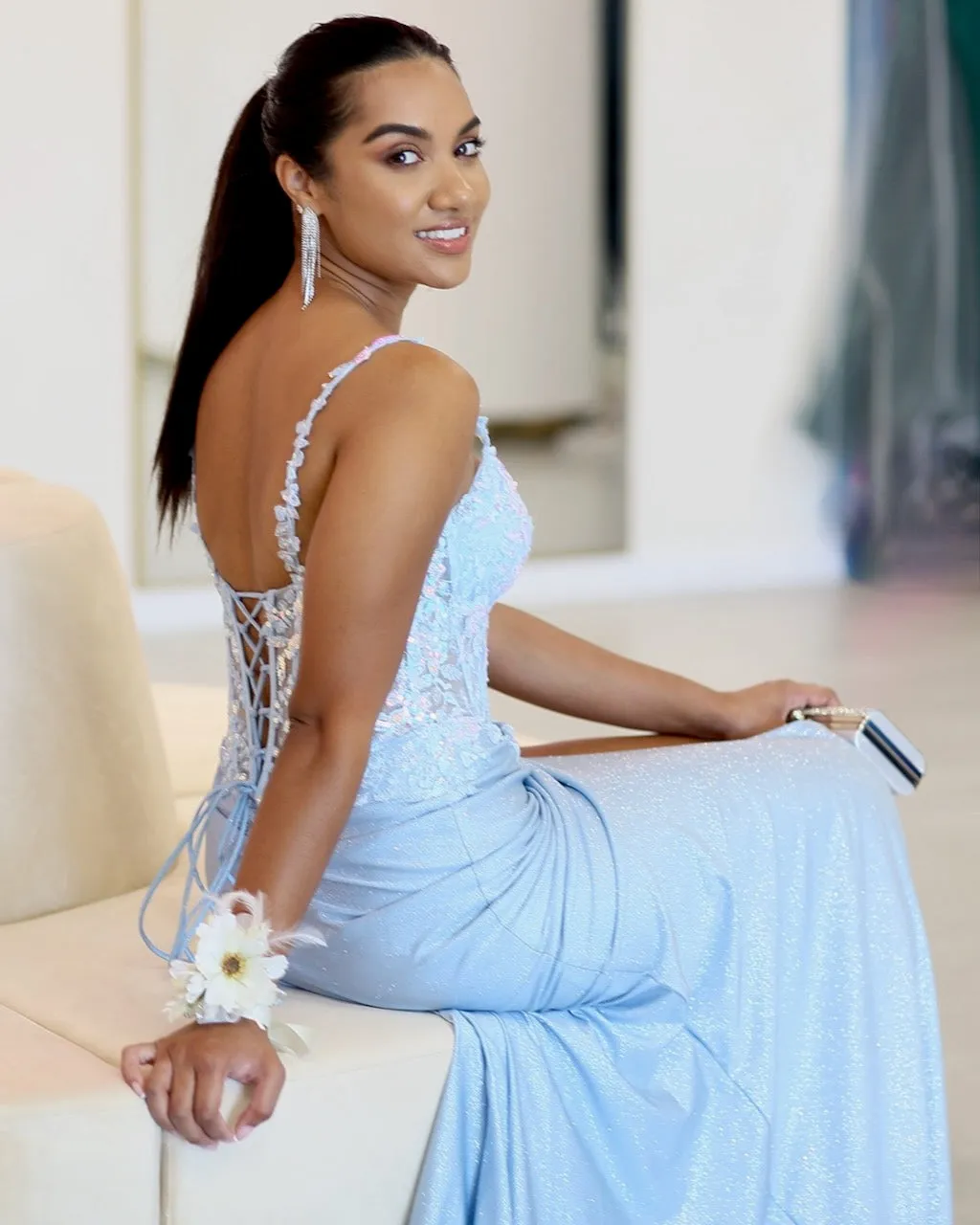 Fiona Lace Sequin Gown - Light Blue