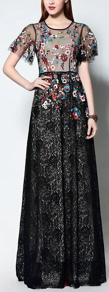 Floral Embellished Long Lace Maxi Dress in Black