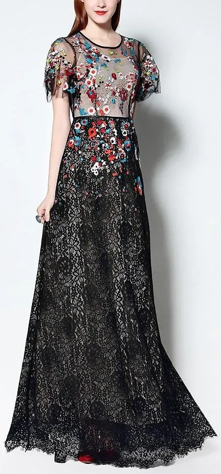 Floral Embellished Long Lace Maxi Dress in Black