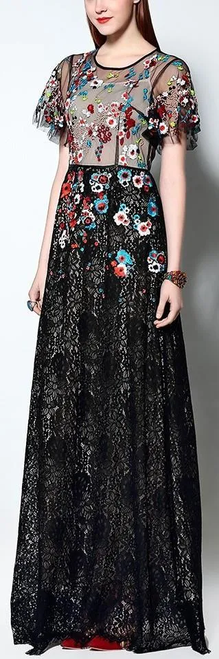 Floral Embellished Long Lace Maxi Dress in Black