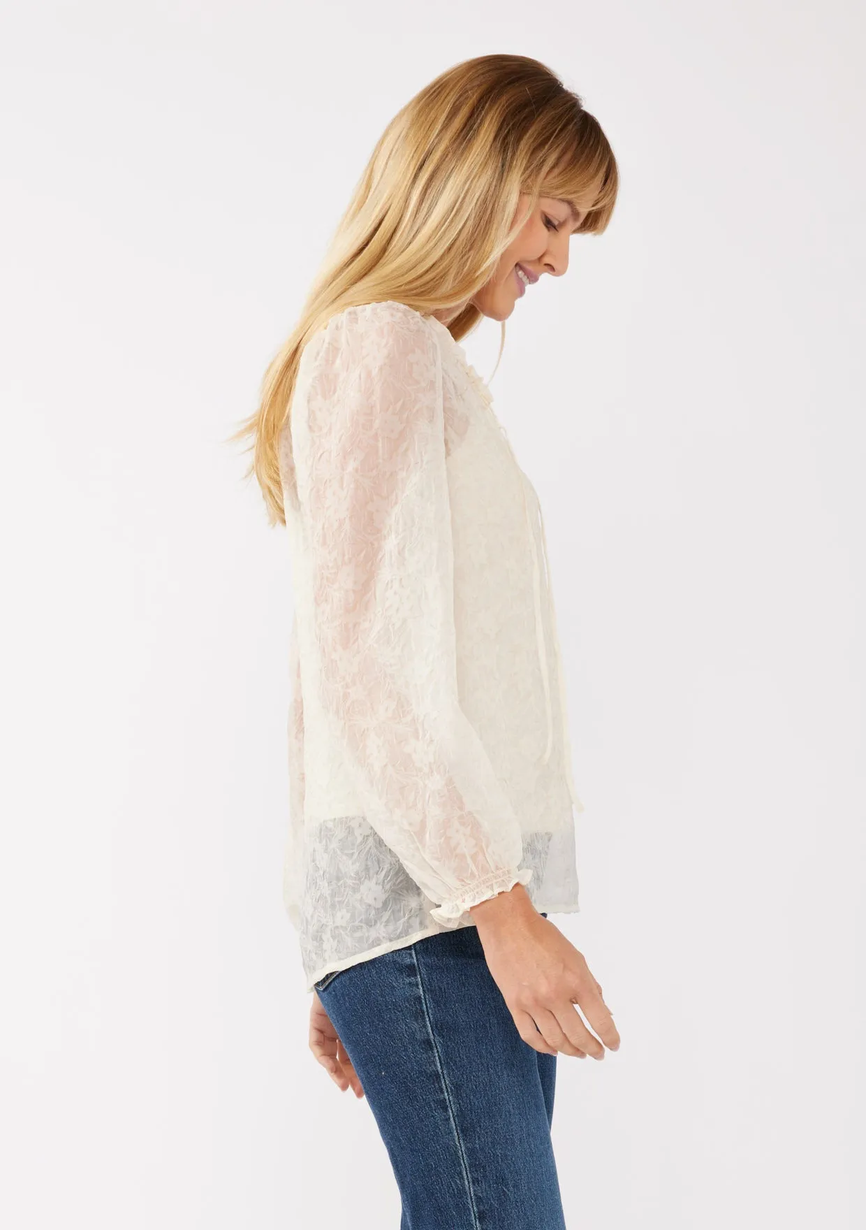 Floral Sheer Chiffon Tie Neck Blouse