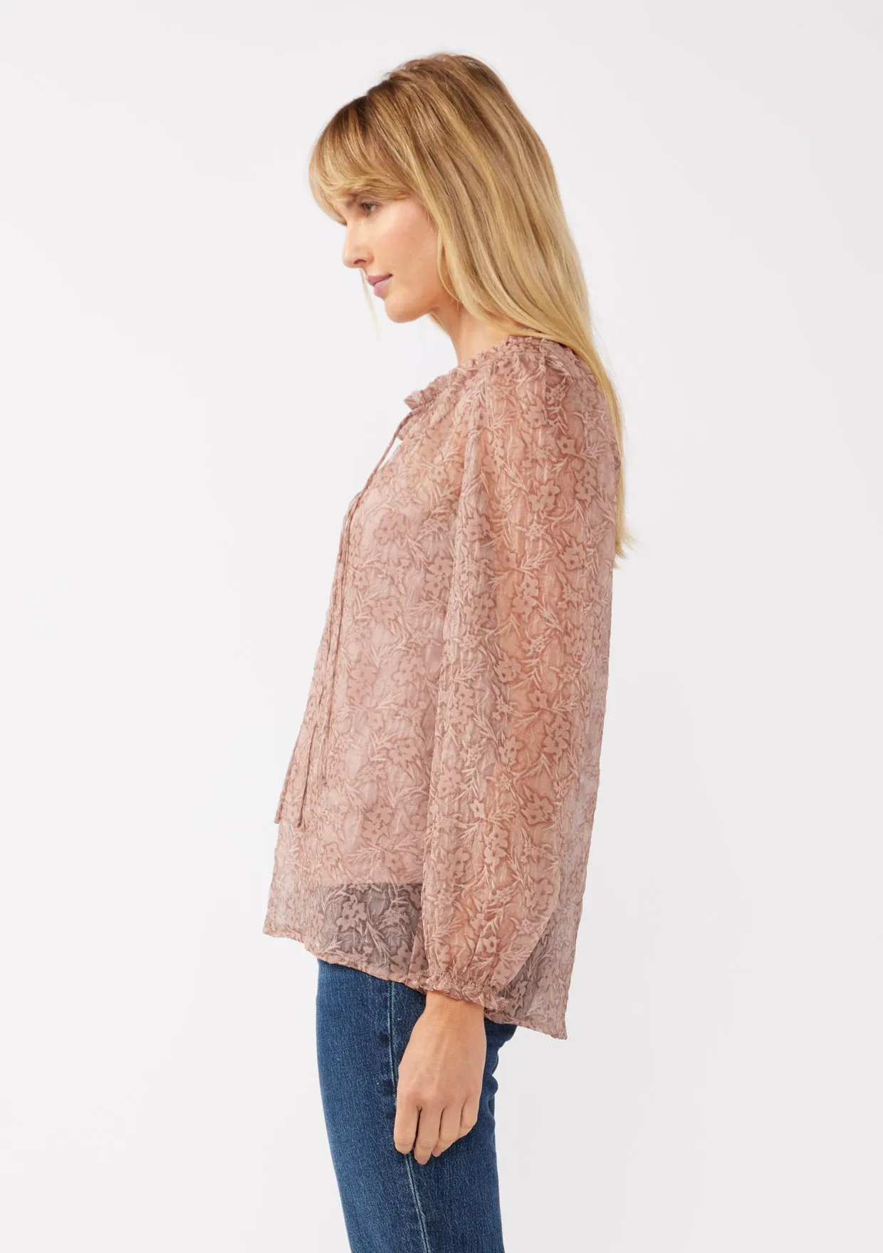 Floral Sheer Chiffon Tie Neck Blouse