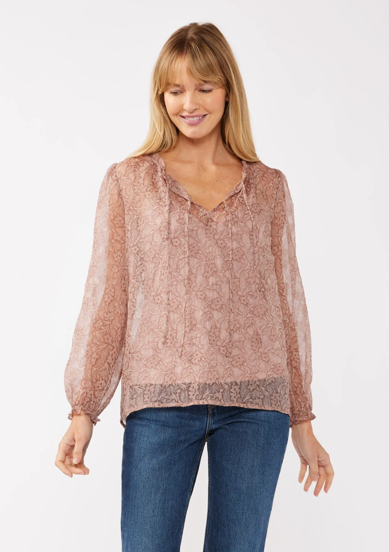 Floral Sheer Chiffon Tie Neck Blouse