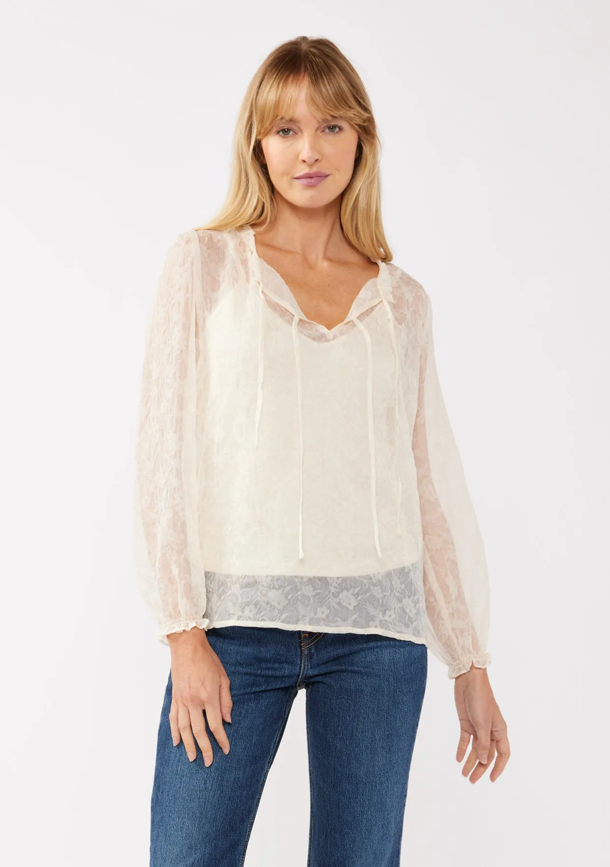 Floral Sheer Chiffon Tie Neck Blouse