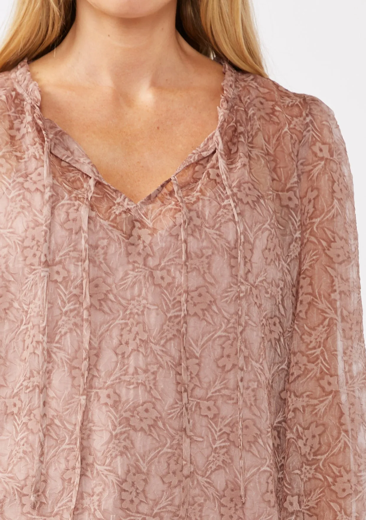 Floral Sheer Chiffon Tie Neck Blouse