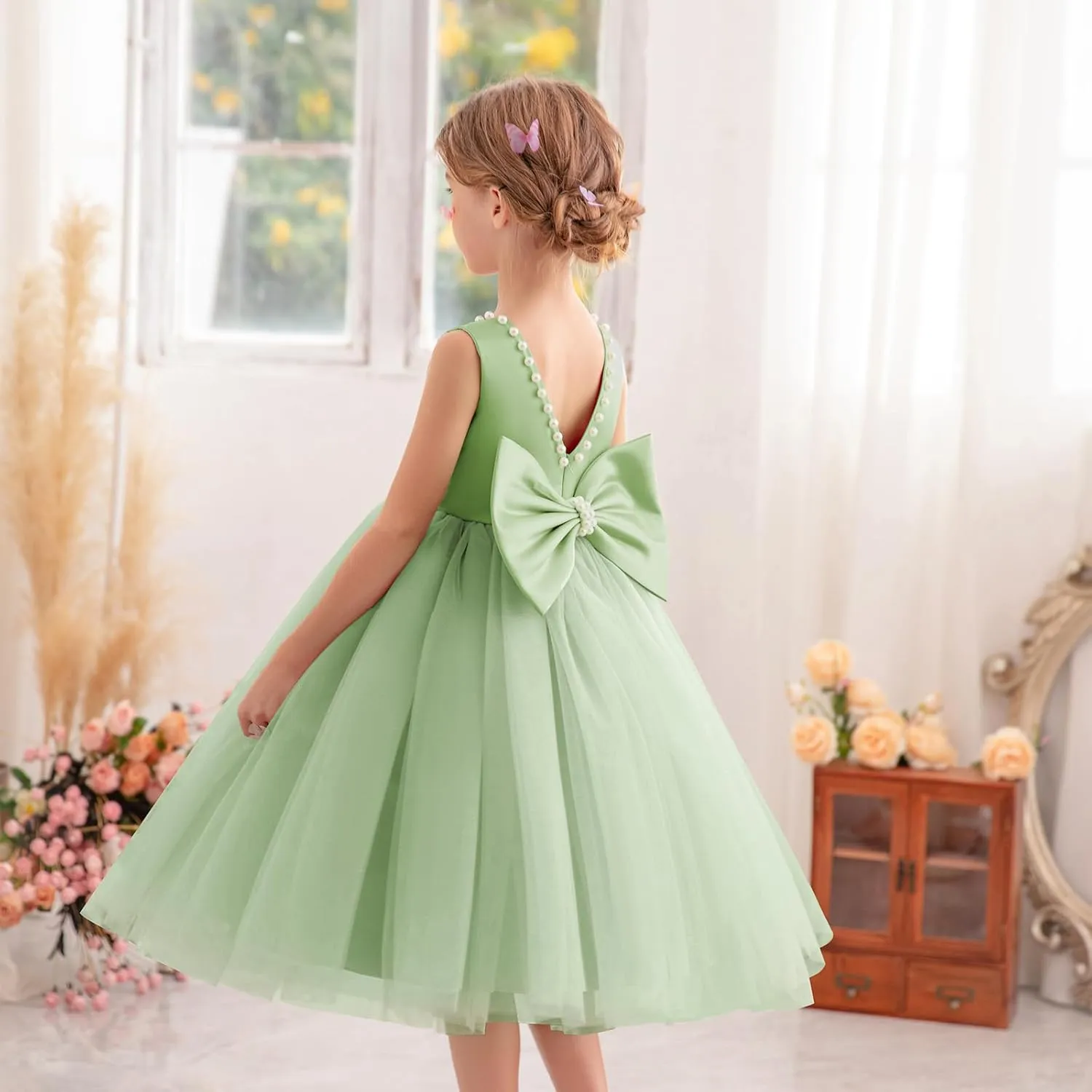 Flower Girl Dress Kids Satin Tulle Wedding Guest Party Birthday Bridesmaid Communion Pageant Prom Ball Gown Maxi