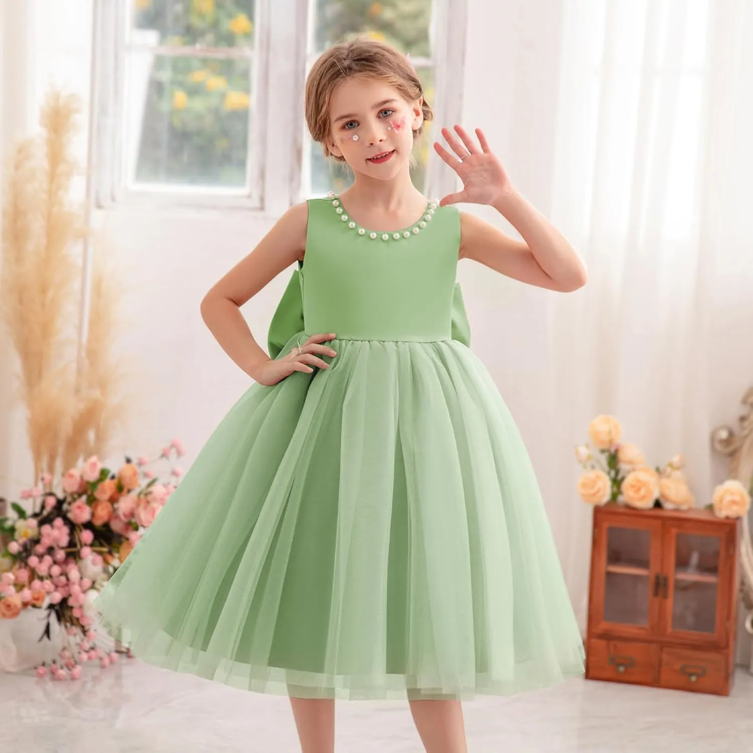 Flower Girl Dress Kids Satin Tulle Wedding Guest Party Birthday Bridesmaid Communion Pageant Prom Ball Gown Maxi