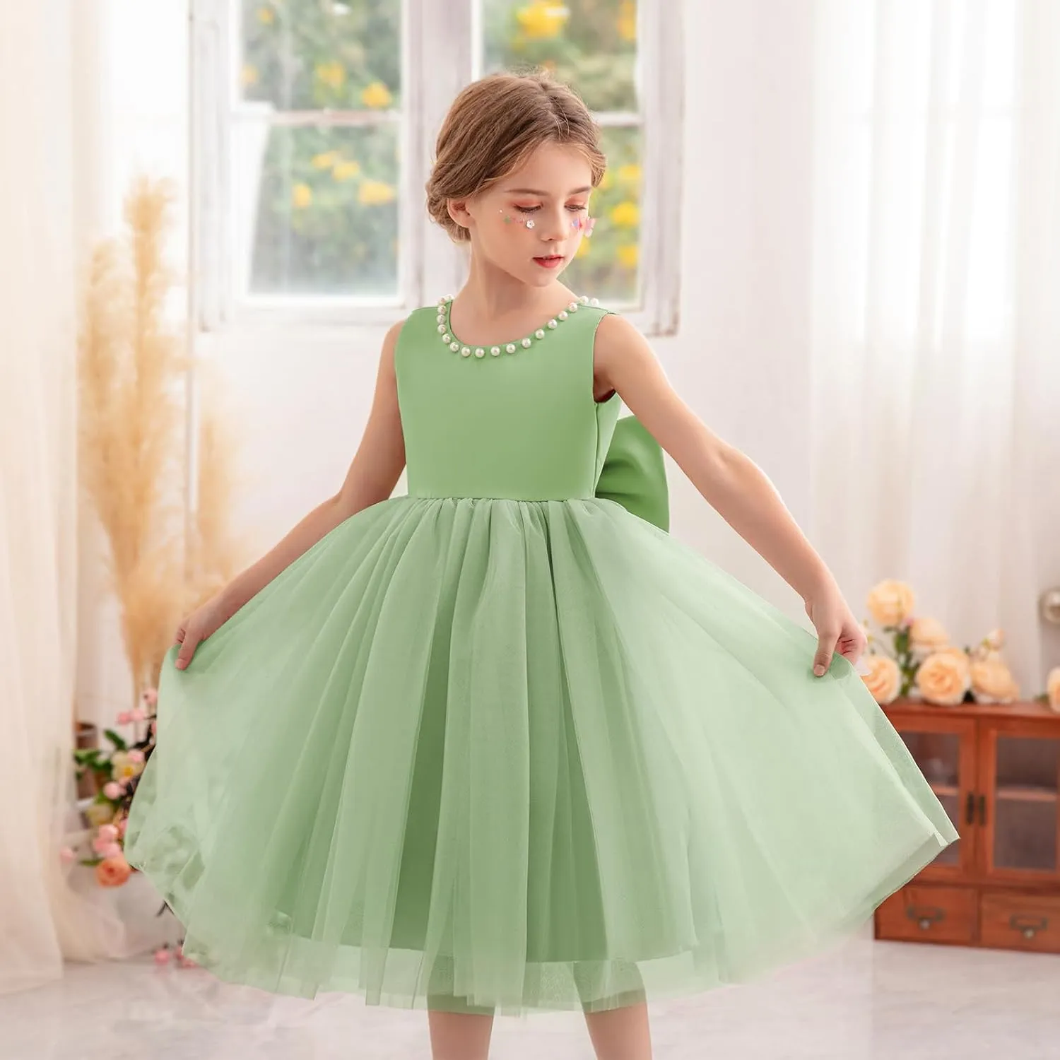Flower Girl Dress Kids Satin Tulle Wedding Guest Party Birthday Bridesmaid Communion Pageant Prom Ball Gown Maxi