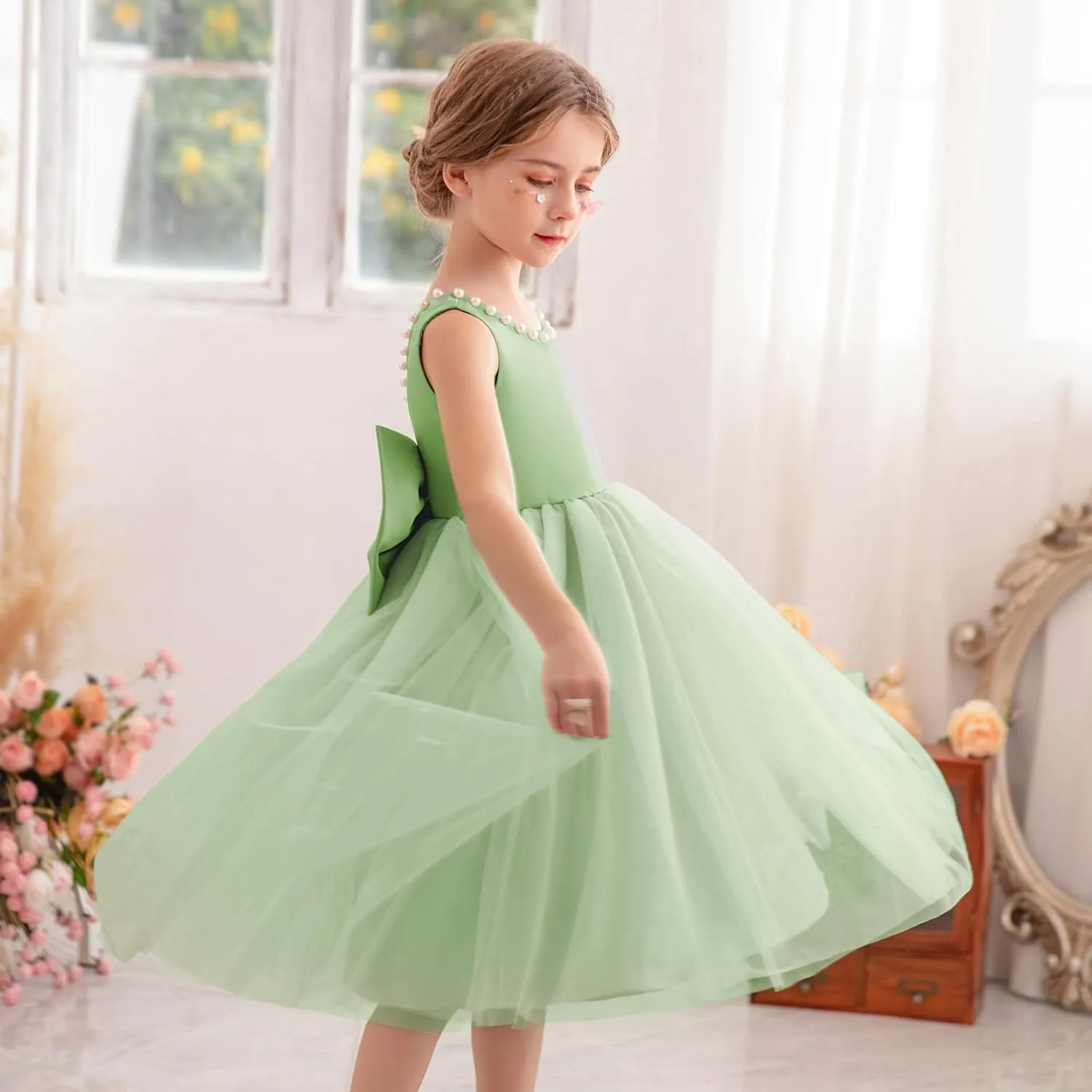 Flower Girl Dress Kids Satin Tulle Wedding Guest Party Birthday Bridesmaid Communion Pageant Prom Ball Gown Maxi
