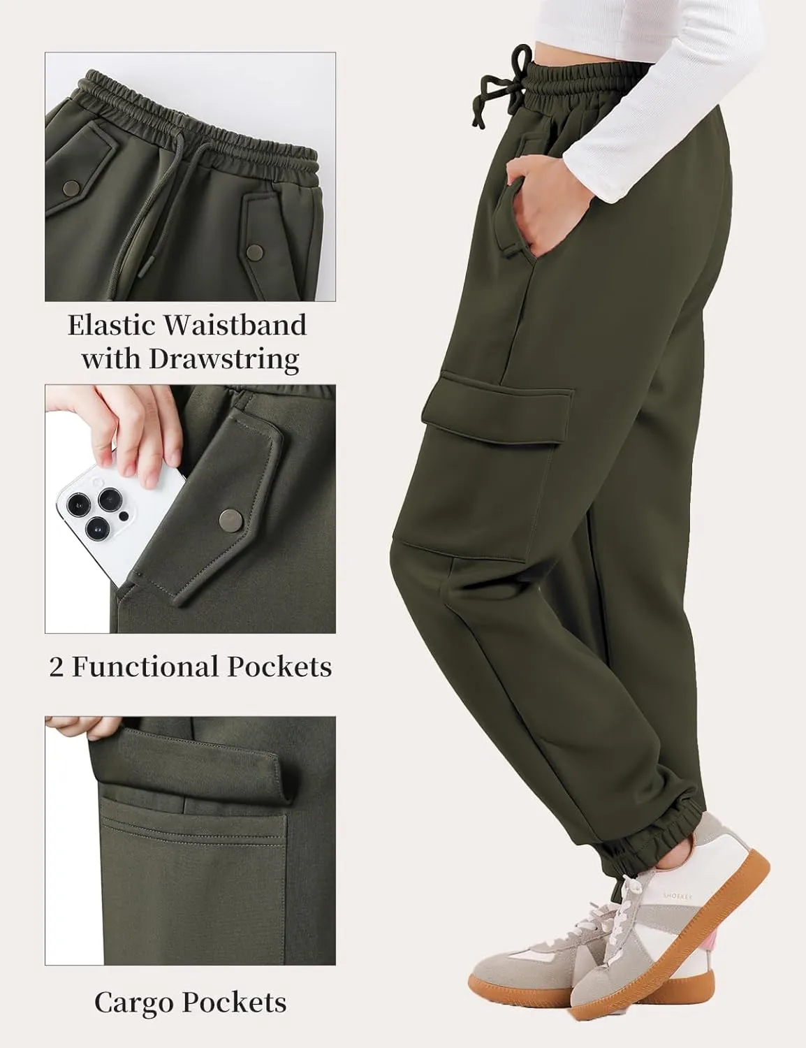 Girls Cargo Pants Joggers, Quick Dry Casual Hiking Pants Slim Fit with Pockets Drawstring High Waisted, 8-14Y