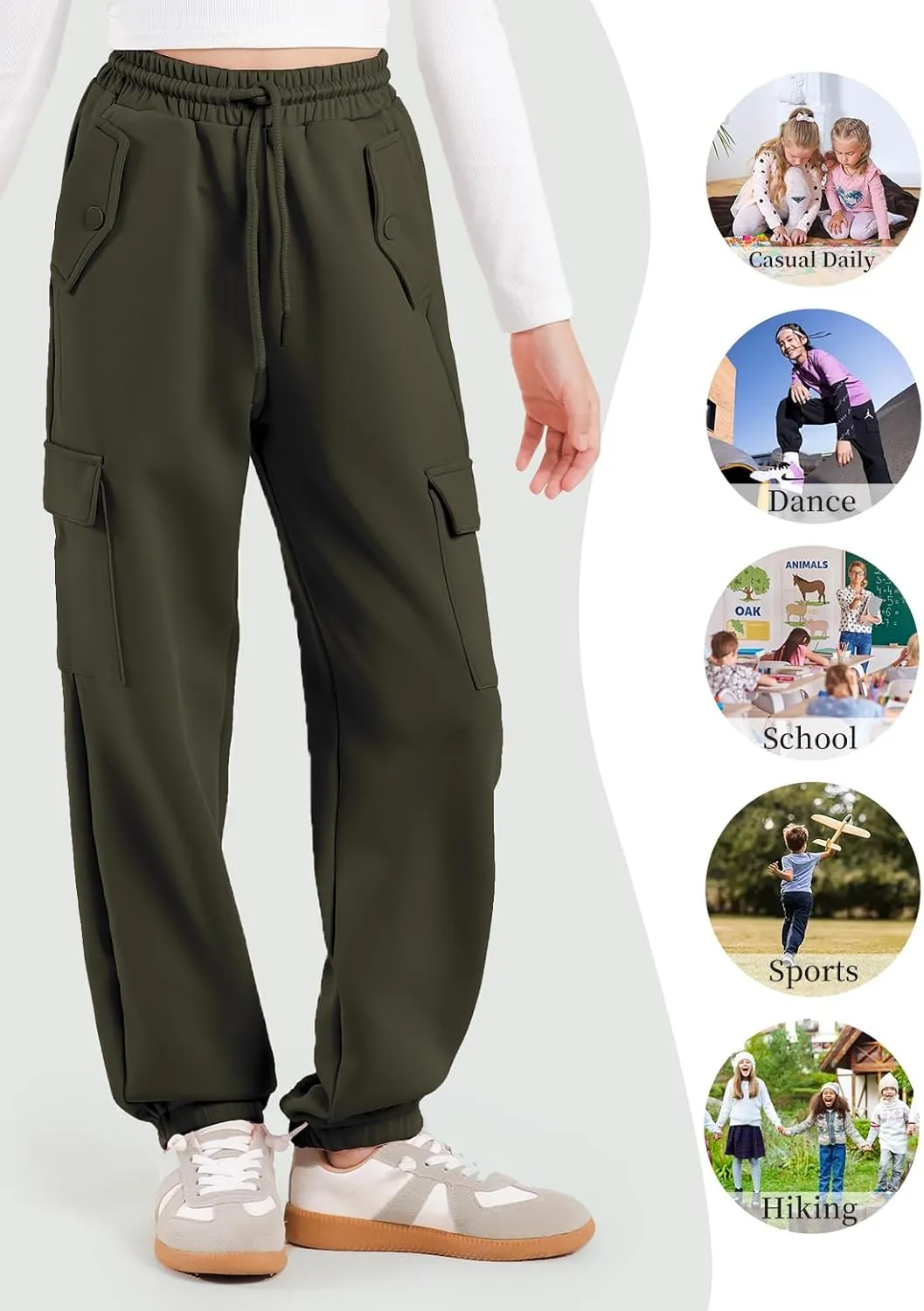 Girls Cargo Pants Joggers, Quick Dry Casual Hiking Pants Slim Fit with Pockets Drawstring High Waisted, 8-14Y