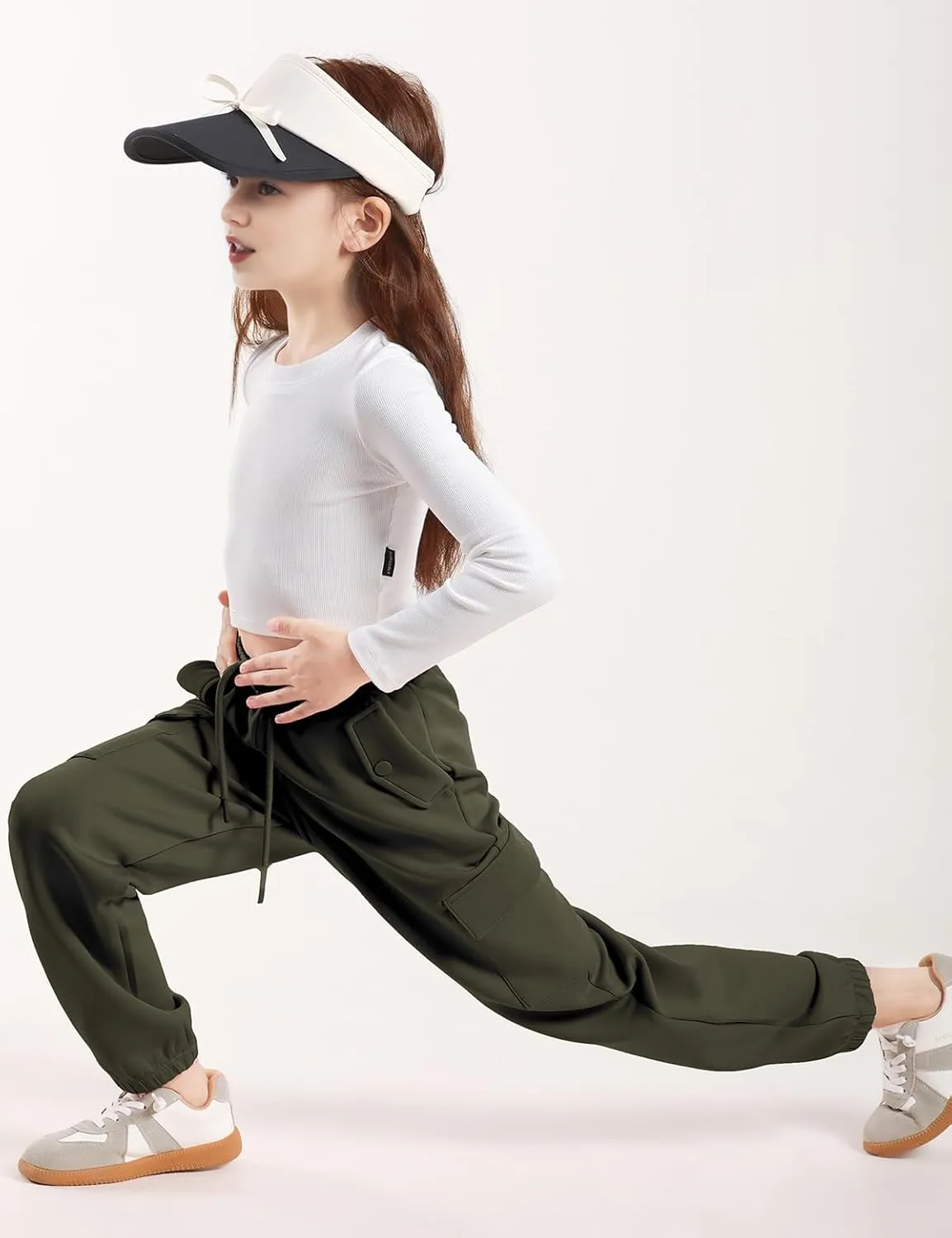 Girls Cargo Pants Joggers, Quick Dry Casual Hiking Pants Slim Fit with Pockets Drawstring High Waisted, 8-14Y