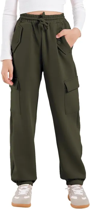 Girls Cargo Pants Joggers, Quick Dry Casual Hiking Pants Slim Fit with Pockets Drawstring High Waisted, 8-14Y