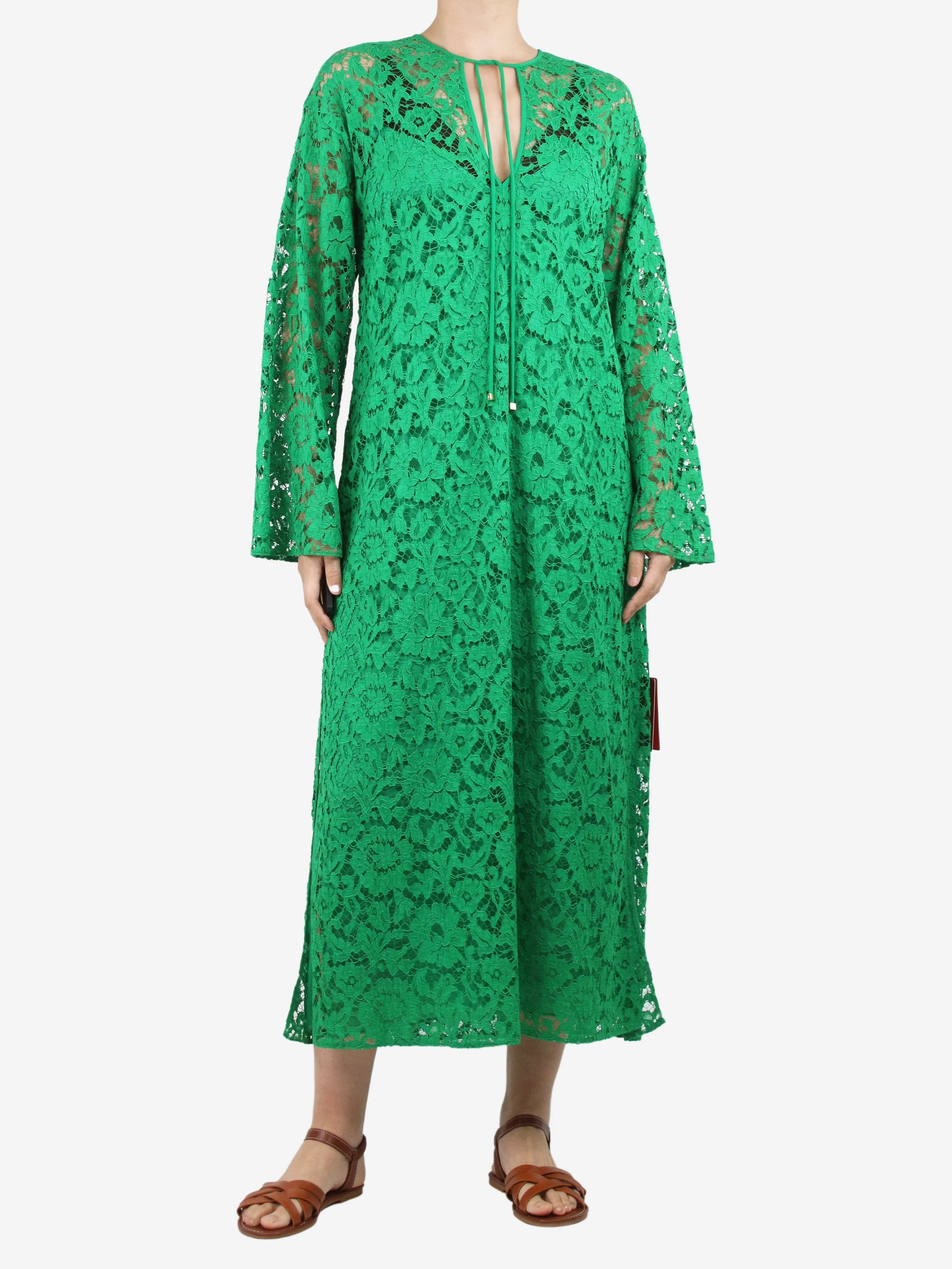 Green floral lace midi dress - size UK 10