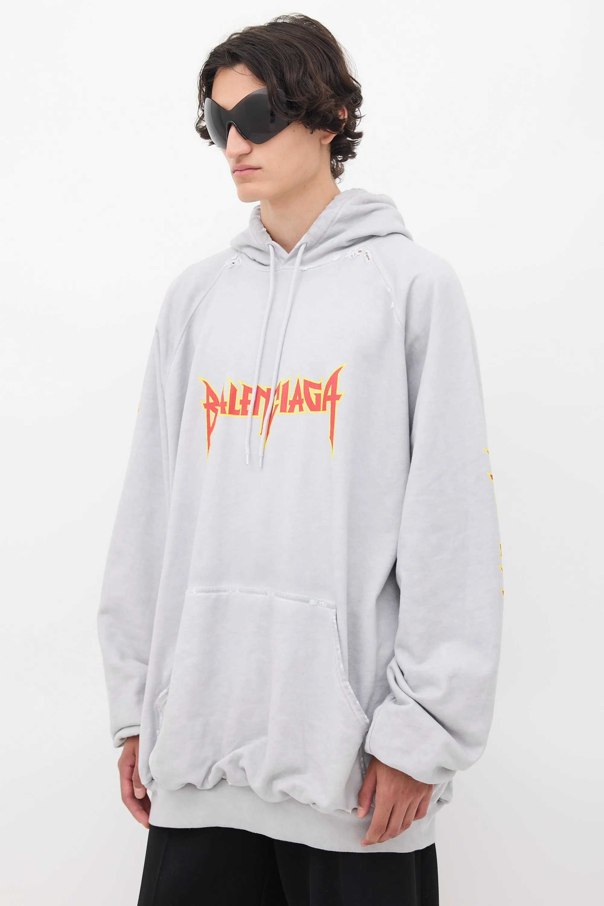 Grey & Multicolour Metal Logo Oversized Hoodie