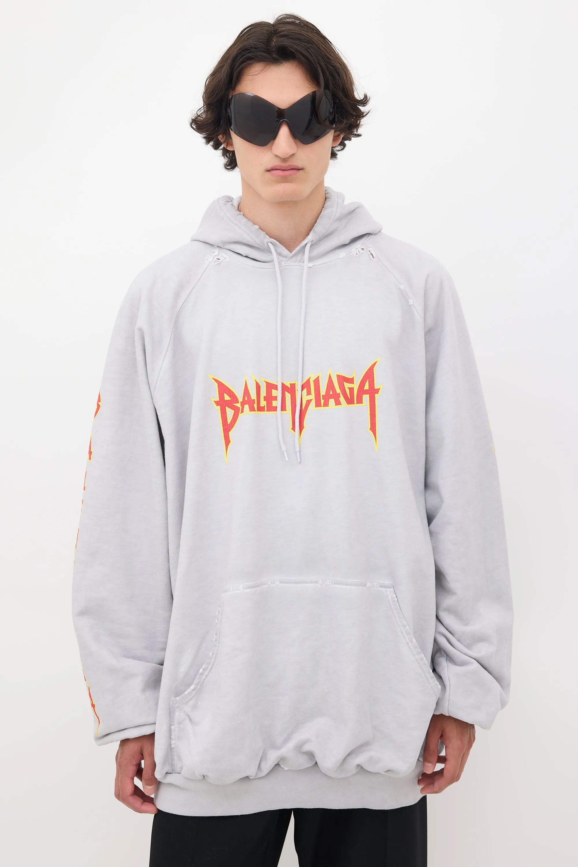 Grey & Multicolour Metal Logo Oversized Hoodie